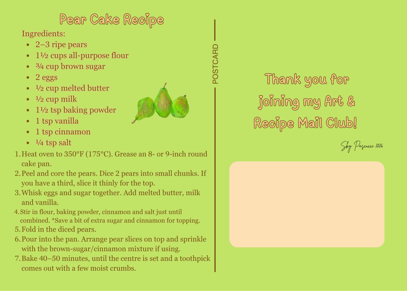 The pear cake recipe card